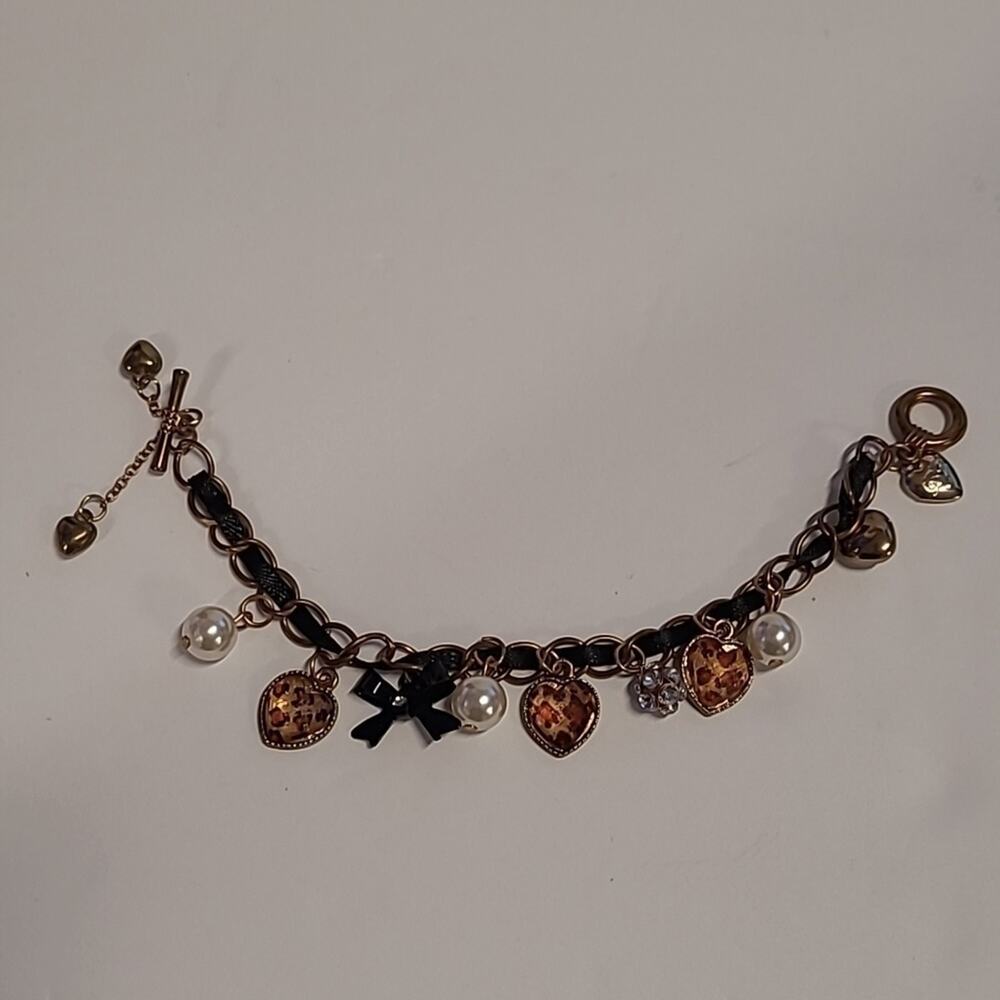 Betsey Johnson 8" Mixed Media Black & Gold Leopard Print Heart Bracelet